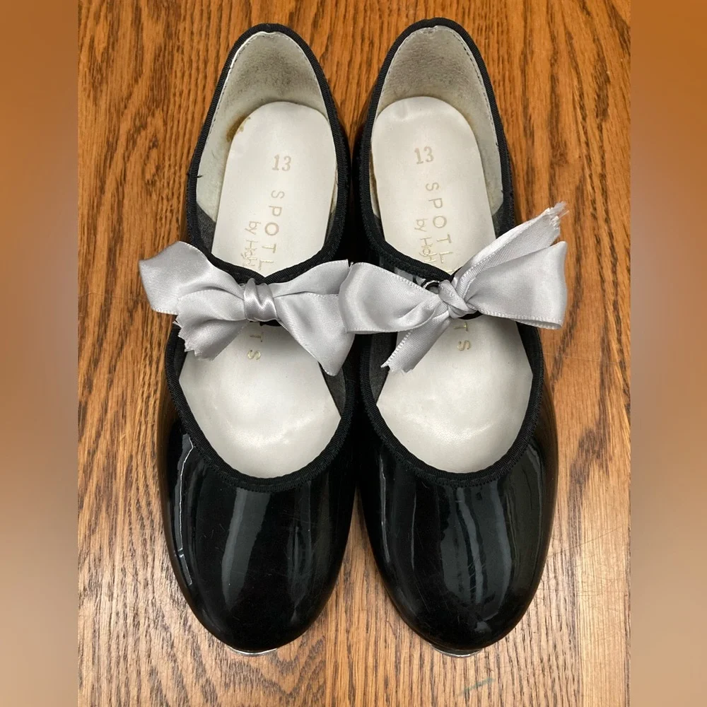 Black Faux Patent Leather Mary Jane Tap Shoes with Silver Bows